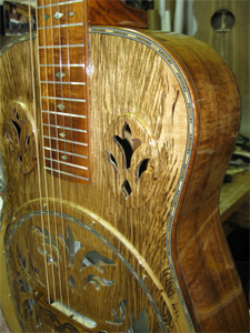 Tiger Striped Myrtlewood Resonator Acoustic Guitar by Benoit Guitars